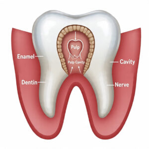 Tooth anatomy diagram showing how a cavity reaches the nerve and causes pain