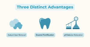 The 3 benefits of the dentist-approved teeth-whitening diet: natural stain removal, enamel fortification, and pH balance.
