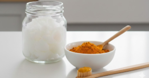homemade tooth paste to whiten teeth contain Coconut Oil + Turmeric Powder